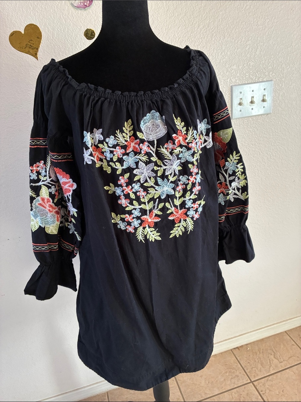 Free People Black Off-Shoulder Embroidered Floral Tunic